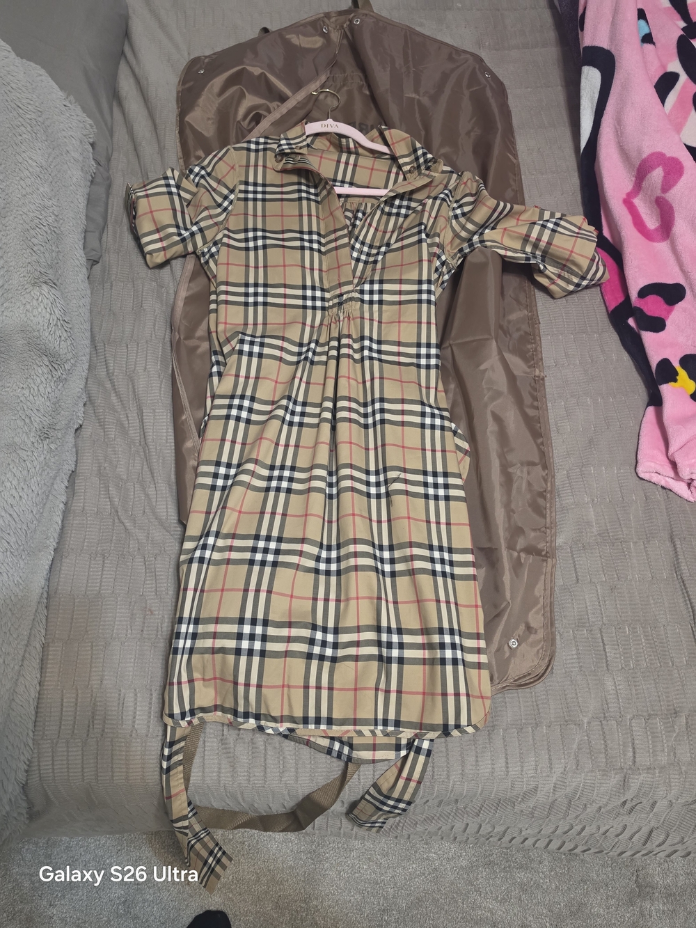 Beige Plaid Girls' Casual Shirt Dress with Collar